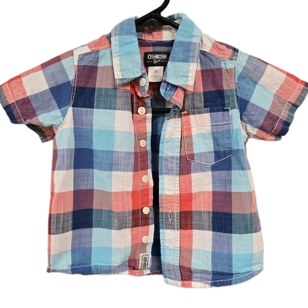 OshKosh Short Sleeve Button Up Shirt‎ Plaid Cotton 2T USA America 4th Of July